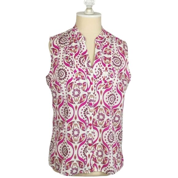 Peck & Peck Sleeveless Top Vneck Button up Pink White size Medium 100% Cotton - Picture 1 of 16